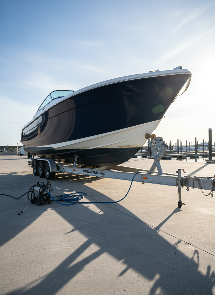 A sleek 32-foot fiberglass powerboat resting on a sturdy boat trailer in a clean marina service lot, its hull half painted in fresh, deep navy antifouling paint and half still showing a chalky, weathered white bottom. The ground is bare concrete with a few neatly coiled hoses and a compact pressure washer positioned beside the trailer. Sharp late-afternoon sunlight rakes across the hull from the right, throwing crisp, angular shadows on the ground and emphasizing the texture difference between the freshly painted and unpainted sections. Shot at eye level with a slightly wide lens, the composition places the boat along the rule of thirds against a minimalist, softly blurred background of sky and distant docks, conveying bold professionalism and high-impact marine service in photographic realism.