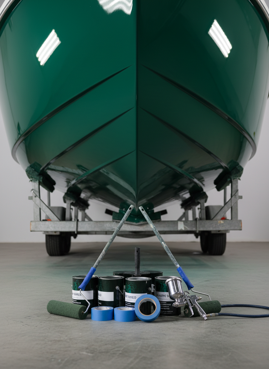 A detailed close-up of a hull’s bow section on a trailer, showcasing a freshly applied, ultra-smooth dark green bottom paint that wraps cleanly around the keel and chines. The hull’s surface appears flawless, with subtle reflections of light along its curves. A compact, organized array of paint cans, rollers, masking tape, and a small marine paint spray unit sits neatly in the foreground on a pristine concrete surface. Harsh, directional overhead lighting projects crisp, graphic shadows of the tools and trailer frame, adding depth and energy. The background is intentionally stark and minimal, fading into soft gray, keeping full focus on the finish quality and professional tools. Captured with tight framing and moderate depth of field, the image feels bold, efficient, and technically precise, ideal for conveying expert marine bottom-painting services.