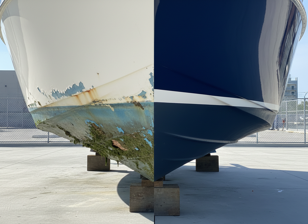A dramatic before-and-after split composition of a medium-sized powerboat’s hull, the left half showing heavy marine growth, rust stains, and faded, flaking bottom paint, and the right half perfectly cleaned and freshly painted in a deep navy antifouling coat with a crisp white waterline stripe. The boat appears on blocks over a smooth, light-gray concrete pad, with a minimalist suggestion of marina fencing blurred in the distance. Strong side lighting from the right creates intense contrast and razor-sharp shadows beneath the hull and blocks, amplifying the transformation. Photographic realism with a slightly low angle emphasizes the size and solidity of the boat, while the overall mood is bold and confident, visually underscoring the effectiveness and reliability of professional hull washing and repainting.