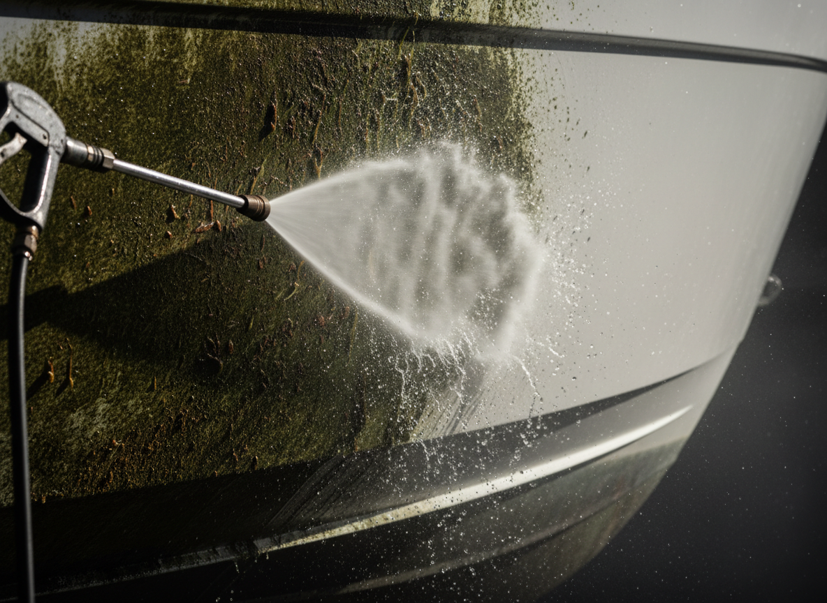 A close-up, side-on view of a boat’s hull mid-pressure-wash, showing a dramatic contrast between a stained, algae-coated section and a newly blasted, bright gelcoat surface. Fine droplets of water catch hard directional studio-style lighting from the left, forming a glittering spray arc that throws sharp, dynamic shadows onto the hull. The background is intentionally minimalist and dark, fading to near-black to emphasize the hull and the high-pressure nozzle and hose emerging from frame edge. Captured with a fast shutter, crisp focus, and shallow depth of field, the image feels bold, powerful, and efficient, highlighting the raw cleaning force and precision of mobile marine pressure-washing in a modern, high-impact photographic style.