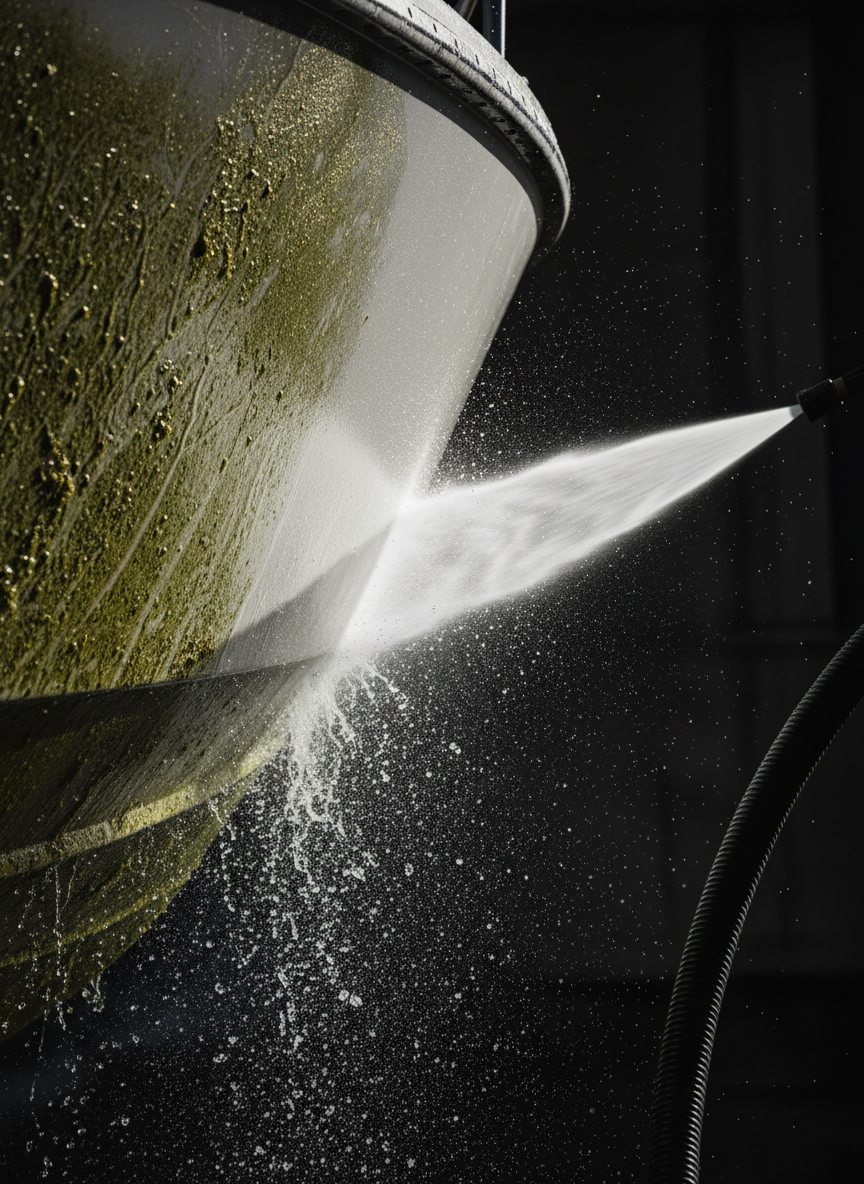 A close-up, side-on view of a boat’s hull mid-pressure-wash, showing a dramatic contrast between a stained, algae-coated section and a newly blasted, bright gelcoat surface. Fine droplets of water catch hard directional studio-style lighting from the left, forming a glittering spray arc that throws sharp, dynamic shadows onto the hull. The background is intentionally minimalist and dark, fading to near-black to emphasize the hull and the high-pressure nozzle and hose emerging from frame edge. Captured with a fast shutter, crisp focus, and shallow depth of field, the image feels bold, powerful, and efficient, highlighting the raw cleaning force and precision of mobile marine pressure-washing in a modern, high-impact photographic style.