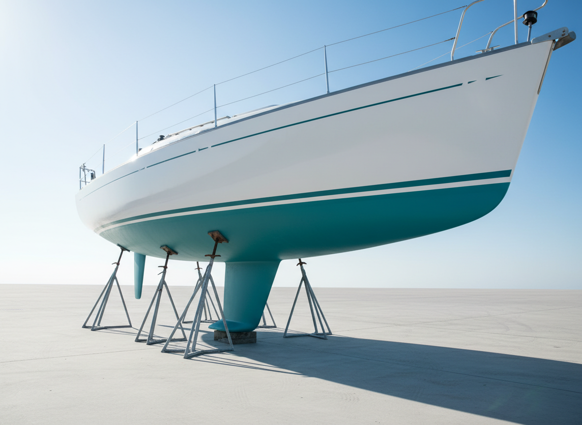 A clean, high-angle shot of a single white fiberglass sailboat hull lifted on metal stands over a spotless concrete pad, its bottom perfectly coated in a smooth, matte teal antifouling paint. The line where the paint meets the glossy white topsides is razor sharp, showcasing meticulous workmanship. Bright, directional mid-morning sunlight from the upper left casts defined shadows of the stands and hull onto the ground, creating striking geometric shapes against an otherwise uncluttered, pale background. The sky is a simple gradient of soft blue with no distractions. Composed with ample negative space and sharp focus throughout, the scene feels bold, precise, and professional, ideal for representing premium bottom-painting results in a clean, minimalist, photographic aesthetic.