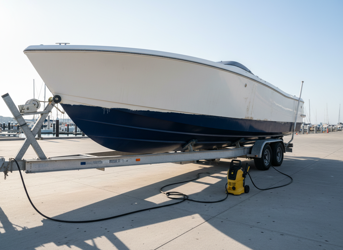 A sleek 32-foot fiberglass powerboat resting on a sturdy boat trailer in a clean marina service lot, its hull half painted in fresh, deep navy antifouling paint and half still showing a chalky, weathered white bottom. The ground is bare concrete with a few neatly coiled hoses and a compact pressure washer positioned beside the trailer. Sharp late-afternoon sunlight rakes across the hull from the right, throwing crisp, angular shadows on the ground and emphasizing the texture difference between the freshly painted and unpainted sections. Shot at eye level with a slightly wide lens, the composition places the boat along the rule of thirds against a minimalist, softly blurred background of sky and distant docks, conveying bold professionalism and high-impact marine service in photographic realism.